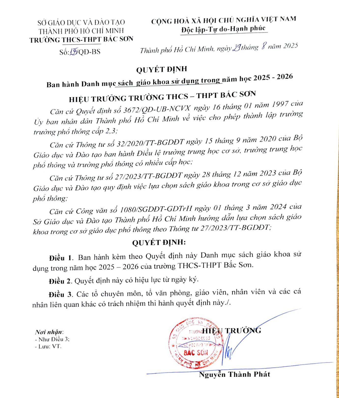 Quyết định ban hành danh mục sách giáo khoa sử dụng năm học 2025-2026