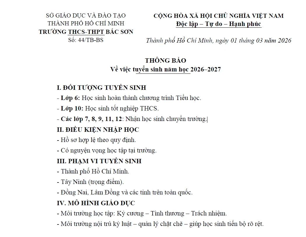 Thông báo về việc tuyển sinh năm học 2026–2027