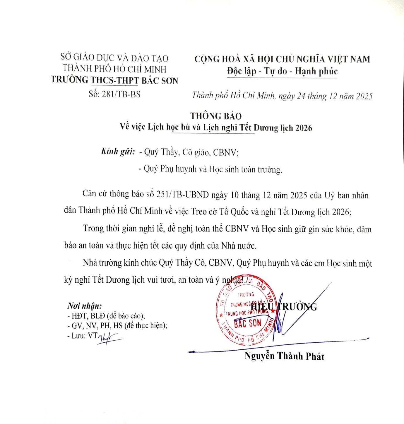 Thông báo về việc Lịch học bù và Lịch nghỉ Tết Dương lịch 2026