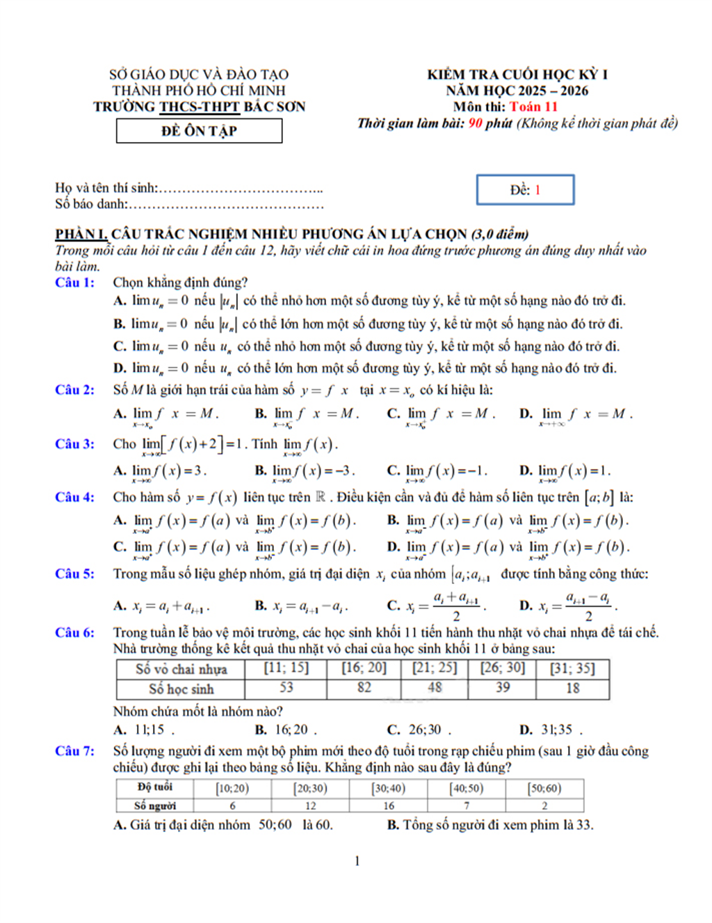 Đề cương Toán lớp 11, học kì 1, năm học 2025-2026