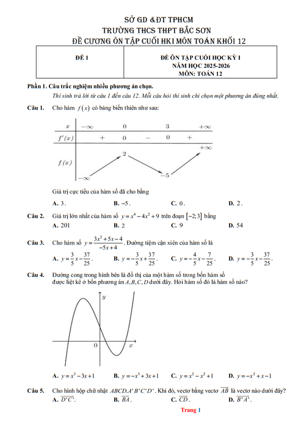 Đề cương Toán lớp 12, học kì 1, năm học 2025-2026