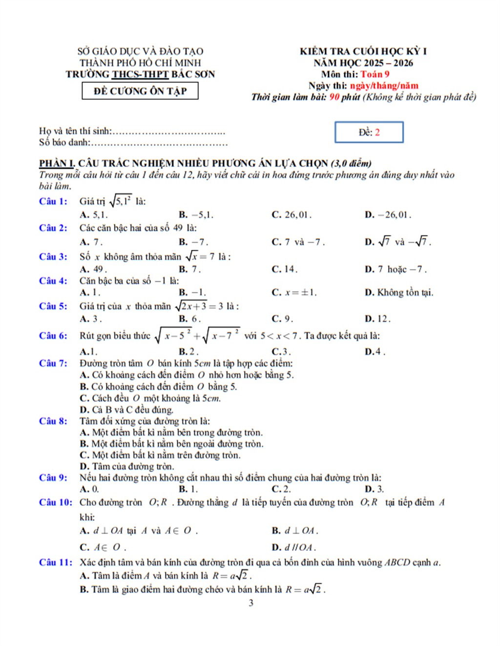 Đề cương Toán  lớp 9, học kì 1, năm học 2025-2026