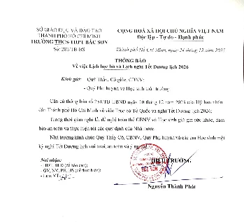 Thông báo về việc Lịch học bù và Lịch nghỉ Tết Dương lịch 2026