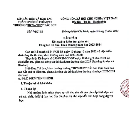 Báo cáo kết quả tự kiểm tra, giám sát công tác thi đua, khen thưởng năm học 2023-2024