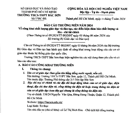 Báo cáo thường niên năm 2024 về công khai chất lượng giáo dục và đào tạo, các điều kiện đảm bảo chất lượng và thu - chi tài chính