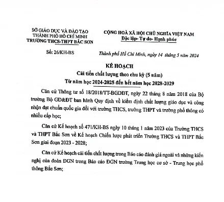 Kế hoạch cải tiến chất lượng theo chù kỳ 5 năm từ năm học 2024-2025 đến hết năm học 2028-2029
