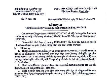 Kế hoạch thực hiện nhiệm vụ quản lý chất lượng năm học 2024-2025
