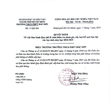 Quyết định Về việc Ban hành Quy chế tổ chức kiểm tra đánh giá, xếp loại kết quả học tập của học sinh năm học 2024-2025