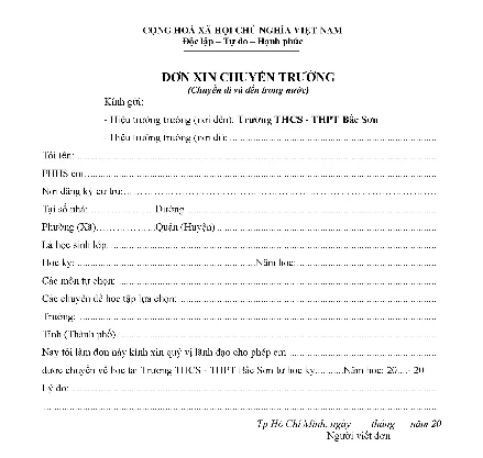 Mẫu đơn xin chuyển trường