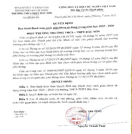 Quyết định ban hành danh mục sách giáo khoa sử dụng năm học 2025-2026