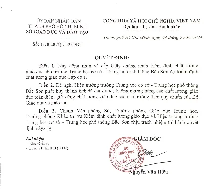 Quyết định về công nhận trường Trung học cơ sở - Trung học phổ thông Bắc Sơn đạt kiểm định chất lượng giáo dục cấp độ 1