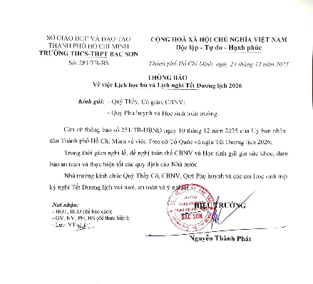Thông báo về việc Lịch học bù và Lịch nghỉ Tết Dương lịch 2026
