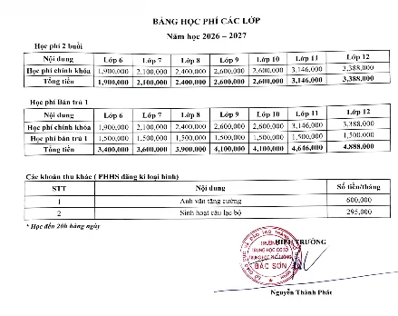 Công khai học phí năm học 2026–2027