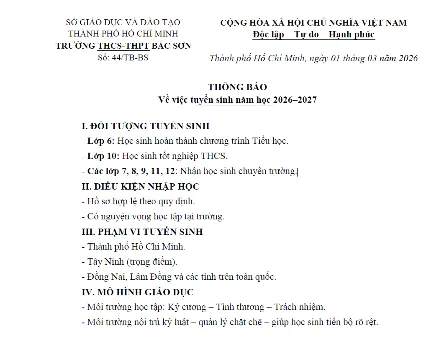 Thông báo về việc tuyển sinh năm học 2026–2027