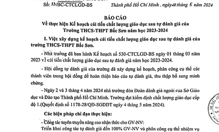 Báo cáo về thực hiện kế hoạch cải tiến chất lượng giáo dục sau tự đánh giá của Trường THCS-THPT Bắc Sơn năm học 2023-2024