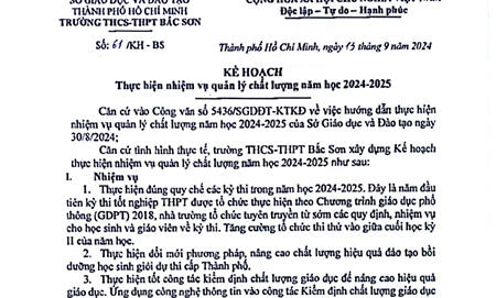 Kế hoạch thực hiện nhiệm vụ quản lý chất lượng năm học 2024-2025